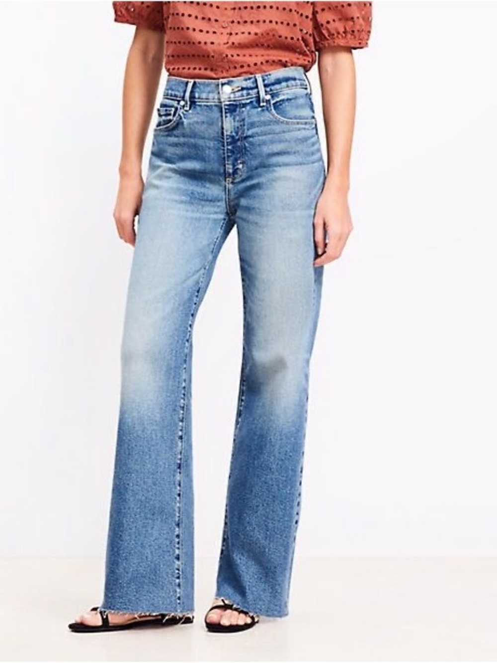 LOFT Frayed High Rise Wide Leg Jeans